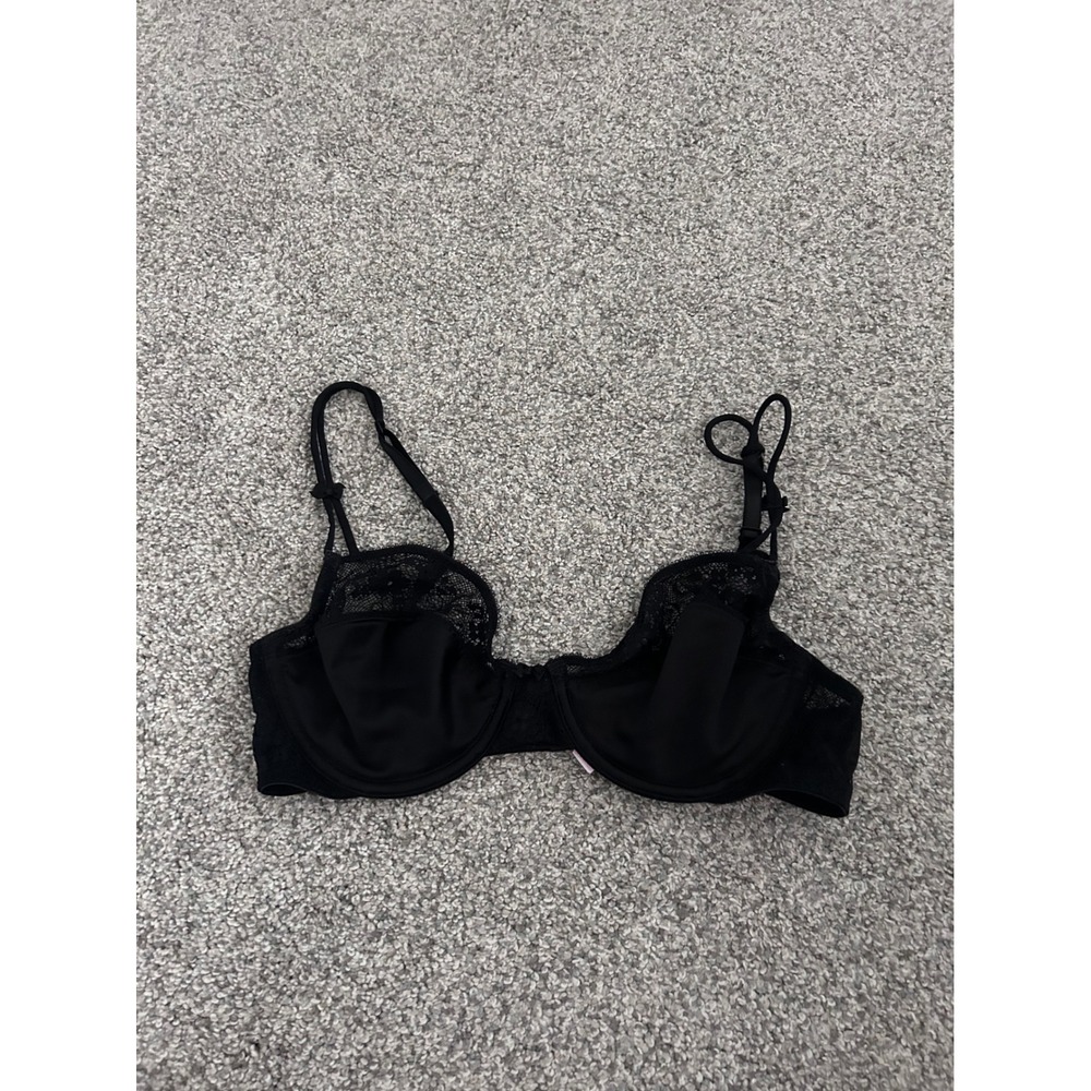 Victorias Secret Black Satin and Lace Unlined Balconette Underwire Bra 36B